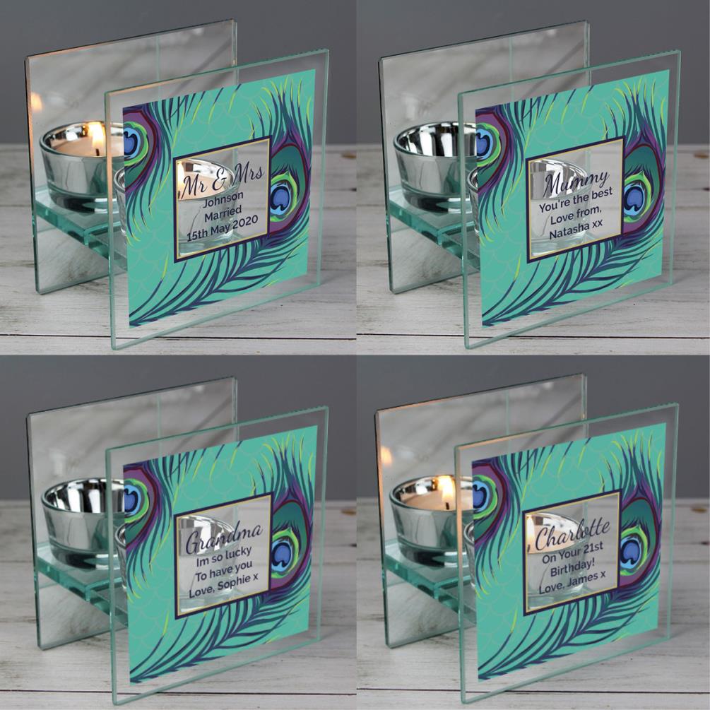 Personalised Peacock Mirrored Glass Tea Light Candle Holder Extra Image 1